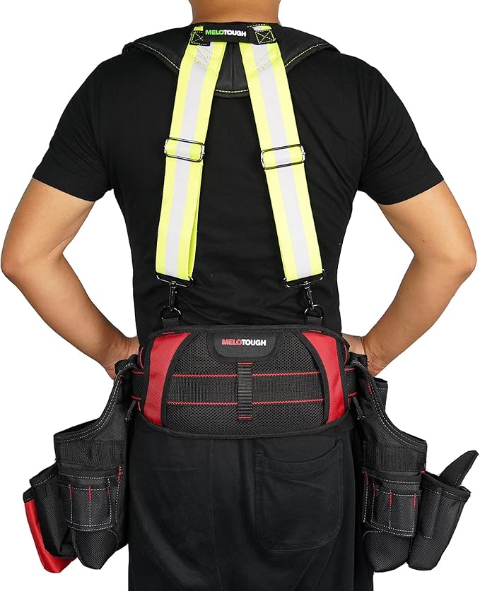 MELOTOUGH Reflective Safety Suspenders Tool Belt Suspenders Construction Work Suspenders with detachable phone holder comfortable foam shoulder padder (Lime)
