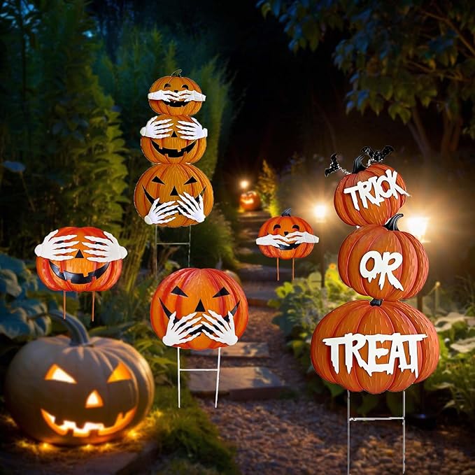 2Pack Glow in The Dark Halloween/Thanksgiving Garden Stakes – Stacked Pumpkin Design, Outdoor Halloween Yard Decorations, Light Up Pathway Markers for Spooky Night