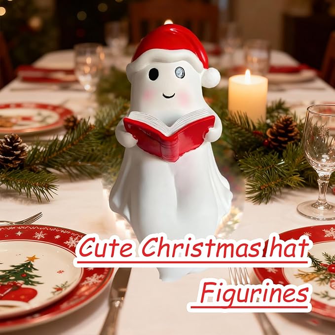 1 Pcs Christmas Reading Ghost Figurine Cute Spooky Design Glow in the Dark Figurines Desk Christmas Decorations Indoor for Christmas Decor Home Table Bedroom Office Desktop Display Ornaments lamp