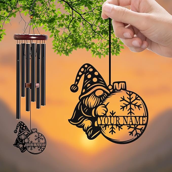 Personalized Customize Name Gnome Wind Chime, Metal Iron 37 Inch Outdoor Memorial Gift for Garden Yard Patio Home Decor, Black，Christmas (Style G)