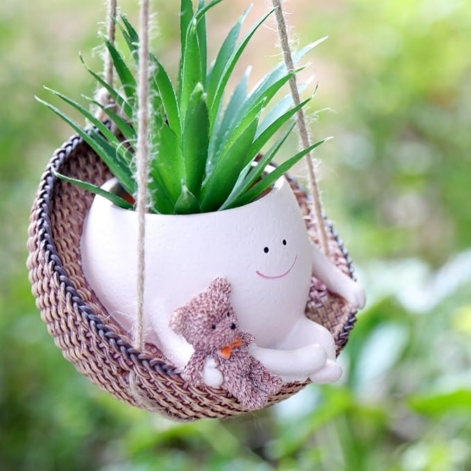 Swing Face Planter Pot Hanging Resin Flower Head Planters for Indoor Outdoor Plants Succulent Pots with Bear Gift Ideas for Mother, Christmas