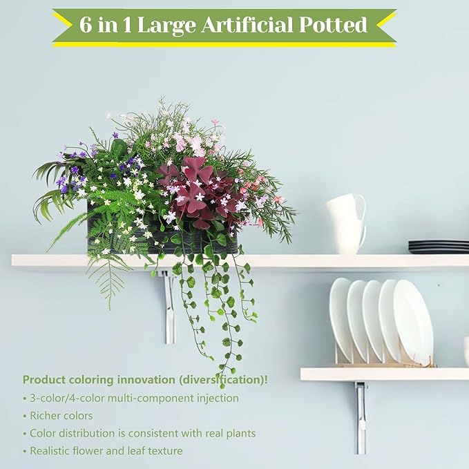 6 in 1 Artificial Plants & Flowers, Potted Fake Asparagus Oxalis BabyBreath Grass Plant for Home Decor Indoor Outdoor, Office Greenery Tabletop Centerpieces