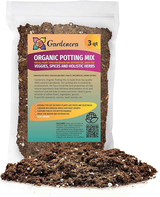 GARDENERA Organic Potting Mix for All Plant Types for Indoor and Outdoor Use, Great for Veggies, Spices, and Holistic Herbs - (3 Quart Bag)