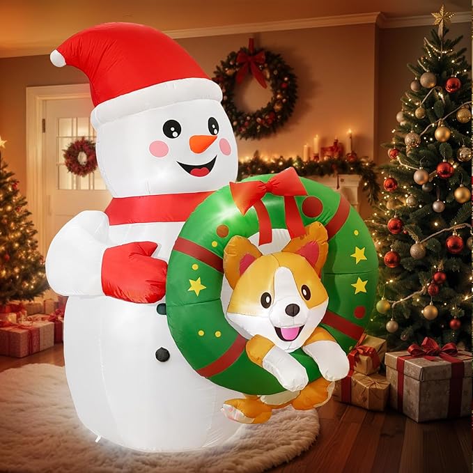 6FT Inflatable Outdoor Decorations, Christmas Blow Ups Snowman Decor with Corgi on The Wreath, Yard Decorations with LED for Outside Indoor Holiday Party Lawn