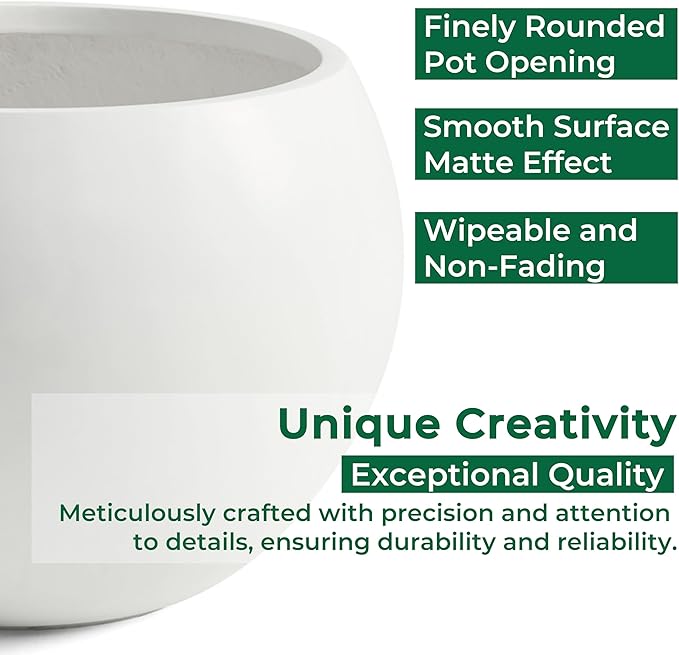 Fiberstone Sphere Planter, 19.3" Dia x 13" H Large Flower Pot with Drainage Hole and Silicone Plug, Round Plant Container for Indoor or Outdoor, 15" Opening, Large White