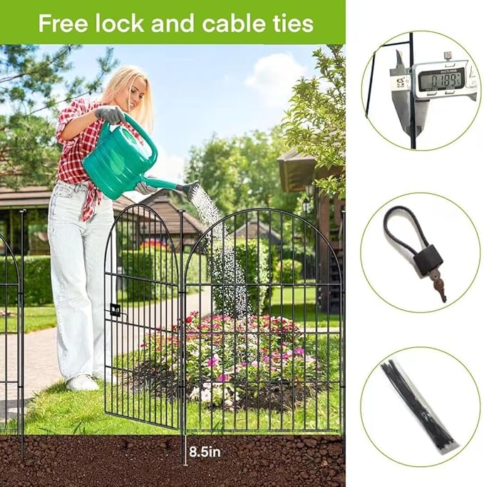 ADAVIN Garden Fence Animal Barrier with Gate 36 in(H)×17.5 Ft(L) 8 Panels,Rustproof Metal Wire Tall Fencing Border for Dogs Rabbits,Outdoor no dig pet Fences, Arched Black Flower Edging for Yard