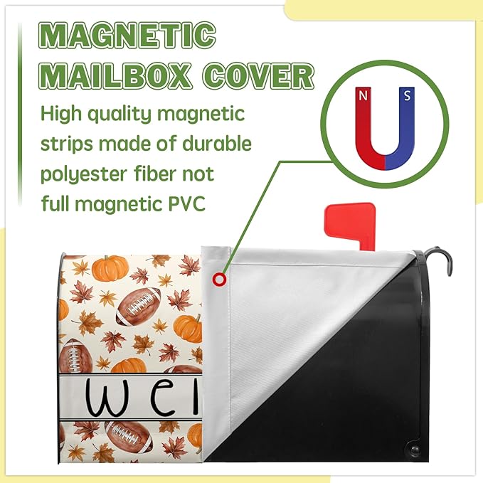 Fall Football Mailbox Cover Welcome Autumn Mailbox Covers Magnetic Standard Size 21x18 inch Pumpkin Maple Leaf Mail Box Wrap for Outside Garden