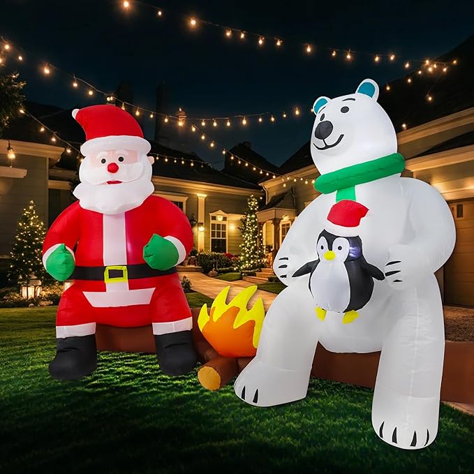 10FT Long Christmas Inflatables Decorations, Outdoor Santa & Polar Bear Campfire Giant Blow Up with Built-in LED Lights for Yard Garden Lawn Holiday Decor
