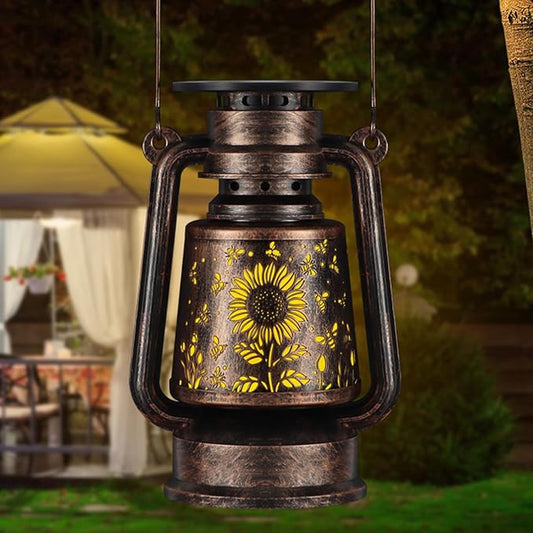 Solar Lantern Outdoor Hanging Vintage LED Waterproof Camping Light with Beautiful Graphics Landscape Decor for Yard,Patio,Porch,Lawn,Tabletop(Sunflower + Bee)