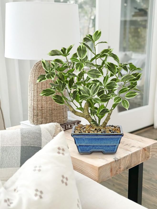 Fake Plants Small Artificial Plants Indoor 15.3" Fake Potted Plants Realistic Faux House Topiary Plants with Blue Ceramic Pot for Home Office Bathroom Kitchen Farmhouse Table Centerpieces Shelf Decor