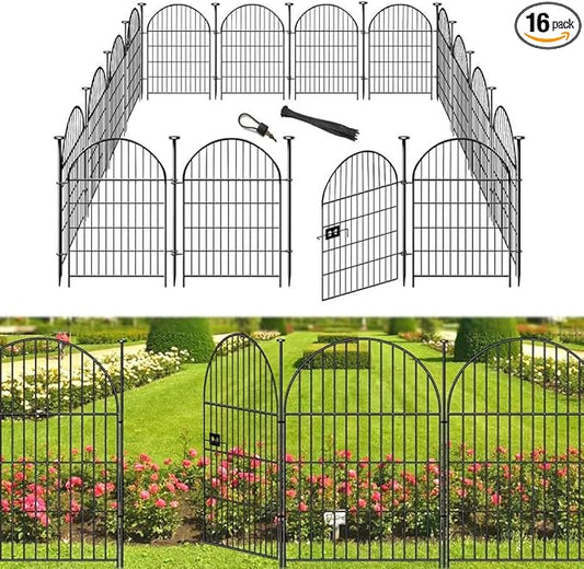 Tall Garden Fence with Gate, 32 in(H) x35 Ft(L) Garden Fencing Animal Barrier, 16 Panels Dog Digging Fences Barrier, Black Rustproof Flower Fence Border, Flower Bed Fencing for Outdoor Yard