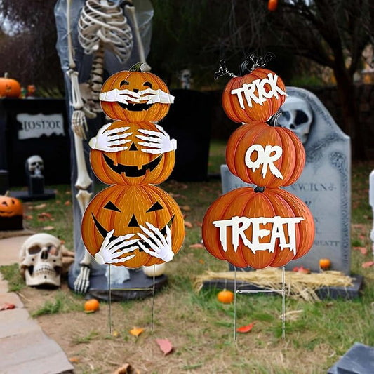 2Pack Glow in The Dark Halloween/Thanksgiving Garden Stakes – Stacked Pumpkin Design, Outdoor Halloween Yard Decorations, Light Up Pathway Markers for Spooky Night