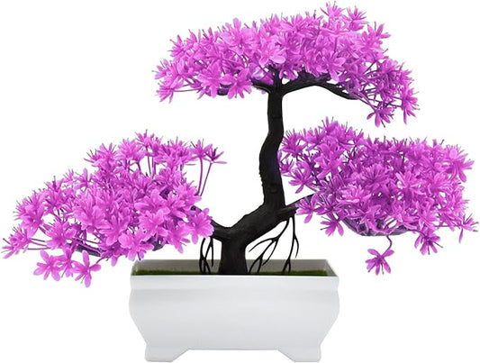 Mini Artificial Bonsai Tree Plants with Plastic Cement Pots for Home Office Décor(Magenta)
