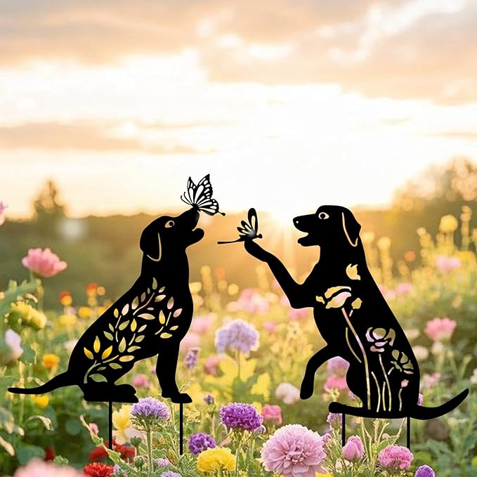 WONDER GARDEN Metal Dog Decor for Outside - 2 Pack Garden Stakes Decorative, Black Dog Silhouette Statues Lawn Ornaments Yard Patio Decor Women Men Mom Gifts