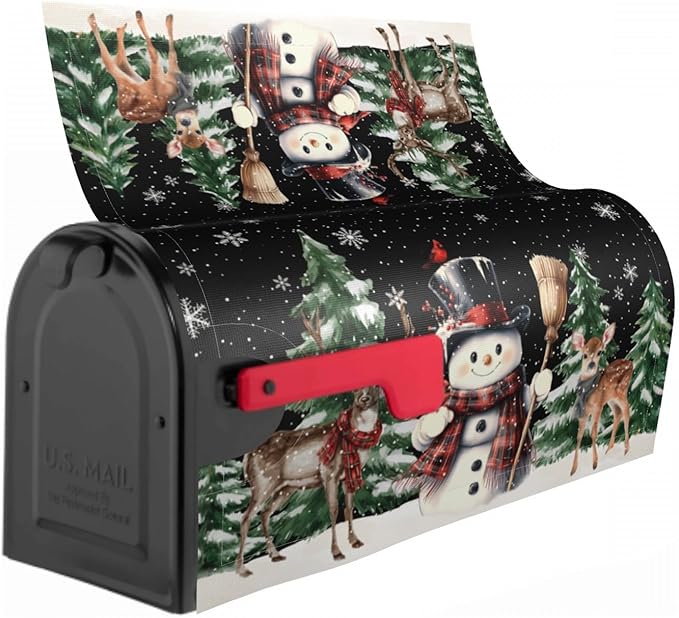 Winter Black Mailbox Covers Magnetic Standard Size 18 x 21 Inch Snowman Snowflake Reindeer Tree Letter Box Cover Outdoor Mail Wraps Cover for Garden Home Yard Decor