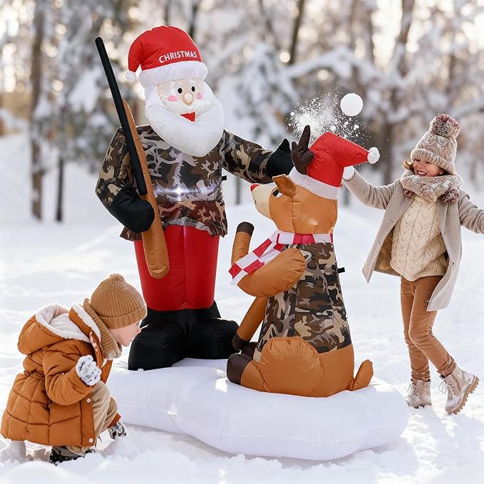 TRMESIA 6FT Christmas Inflatable Camouflage Santa with a Gun and Camouflage Deer Decoration with LED Lights,Blow up for Indoor Outdoor Lawn Garden Front Yard Holiday Display