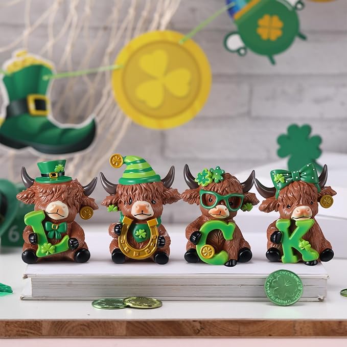 Sosation 4 Pcs Luck Highland Cow Figurines St Patricks Day Highland Cow Gnomes Irish Shamrock Scottish Resin Statue Calf Lovers Gifts for Home Garden Kitchen Office Tiered Tray Table Decor