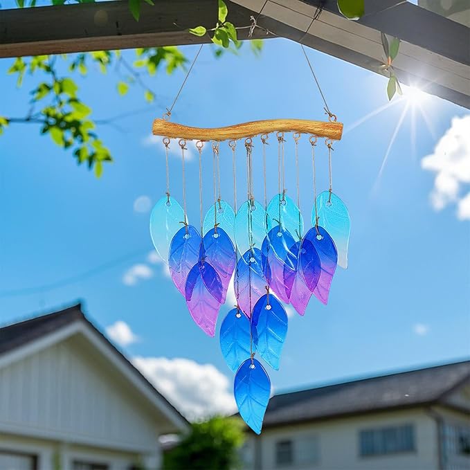 Glass Leaves Wind Chimes for Outdoor Memorial Decor - Unique Wind Chimes for Garden, Yard, Porch & Backyard, Durable Outside Decoration with Handcrafted Glass Design