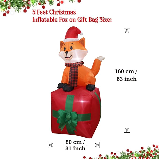 Christmas Inflatables Fox on Giftbox Lighted Yard Lawn Inflatable Decoration with Built-in Fan and Stakes Ropes Holiday Party Decor, Christmas Decor (5FT-Fox on GiftBox)