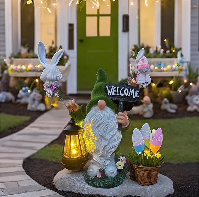 Halloween Fall Welcome Gnomes Statue Gift for Front Door Welcome Figures Solar Decor- Fall Gnomes Statue with Light Lanterna for Outdoor Yard