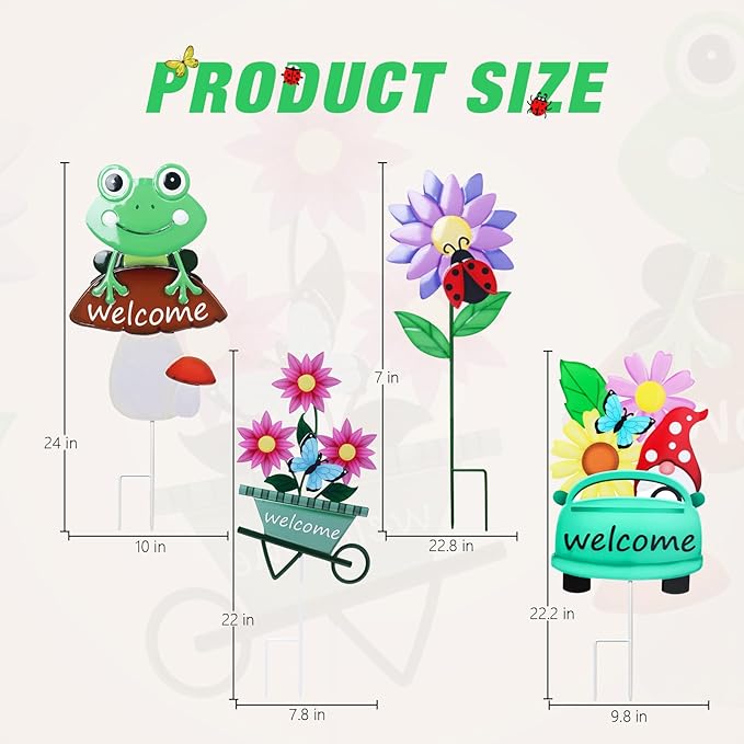 WONDER GARDEN Welcome Decorative Garden Stakes, 4Pcs Flower Metal Yard Signs Lawn Stake with Frog, Mushroom, Gnome, Butterfly and Ladybug for Outdoor Decorations