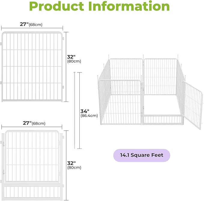 SunsGrove Garden Fence with Gate, 32 in(H) x 17.8 ft(L) 8 Panels Heavy Duty Metal Animal Barrier Fence for Yard, Suitable for Indoor or Outdoor Dog Pet Fence, Garden Fence Border, White