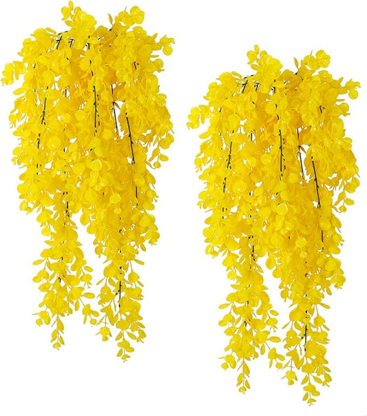 RECUTMS 4 Pack Artificial Hanging Plants Fake Eucalyptus Leaf Greenery Vine Plant UV Resistant Plastic Wall Decor for Ivy Patio Office Shelf Wedding (Pure Yellow)