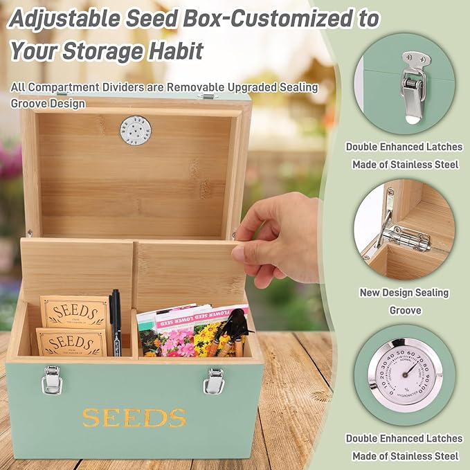 Professional-Designed Bamboo Seed Storage Box with Built-in Hygrometer, Double-Layer Airtight Lid and Safety Lock, Temperature-Stable Wooden Seed Organizer for Preservation, Great Gifts for Gardener