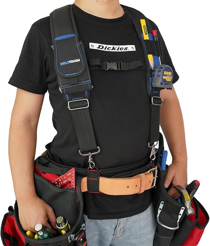 MELOTOUGH Tool Belt Suspenders Construction Work Belt Suspenders with detachable phone holder comfortable foam shoulder padder (Blue)