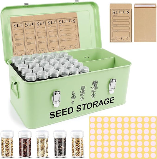 60 Slots Seed Storage Organizer, Metal Seed Saving Box with Lid and Safety Locks, Seed Bin Seed Storage Container with 20 Seed Envelopes and 20 Labels, 3 Compartments, Perfect for Flower Plants Garden