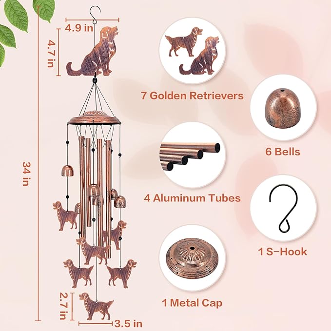 Golden Retriever Dog Wind Chimes for Outside,Dog Gifts for Women Men/Memorial Gift/Sympathy Gift/Birthday Gifts Metal windchimes Outdoors/Indoors,Garden Decor,Patio,Home,Porch,Yard Decorations