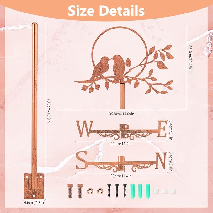 SUPERDANT Tree Branch Bird Weather Vane Three Birds Wind Vanes for Yard Metal Weathervane Roof Mount for Gardens Outside Reddish Copper Weathervanes Farmhouse Farm Barn Sheds Patio Decorations