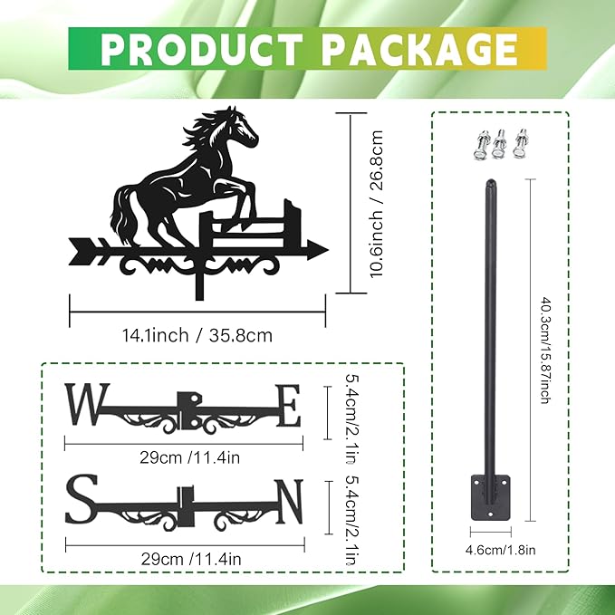 Horse Weathervane Roof 26” Height Black Metal Running Horse Windvane Durable Cool Animals Weathercock Windmill Wind Cups & Brackets for Outdoor Farmhouse Decoration Garden Yard Decors