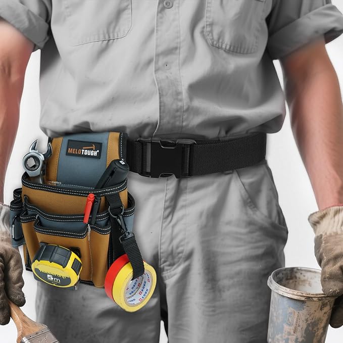 MELOTOUGH Electrician Tool Pouch with Belt Clip, 2 Inch Heavy Duty Work Belt Set for Men, Utility 13 Pockets Tool Pouch for Contractors & Roofing, Adjustable Carpenter Organizer Set