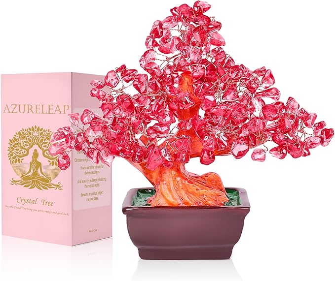 Feng Shui Quartz Crystal Money Tree Bonsai Style Decoration for Luck and Wealth (Red)