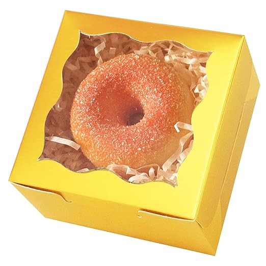 qiqee Gold Bakery Box with Window 4x4x2.5 inch 30Packs Macaron Boxes Small Donut Pastry Boxes for Party Mini Cookie Boxes