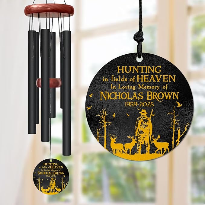 Personalized Hunting Memorial Wind Chime – “Hunting in Fields of Heaven” Wind Chimes – Custom Name & Years – Outdoor Sympathy Gift for Hunters, Dad, or Grandpa – Memorial Garden Décor