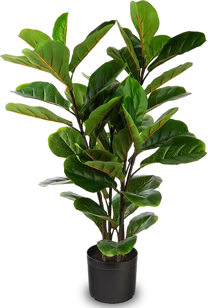 Naturae Decor Artificial Fiddle Leaf Fig Tree - 35-inch Ficus Lyrata Tall Faux Plant in a Black Pot - Realistic, Color Lock, Durable - Indoor or Outdoor Use - Modern Decoration for Home or Office