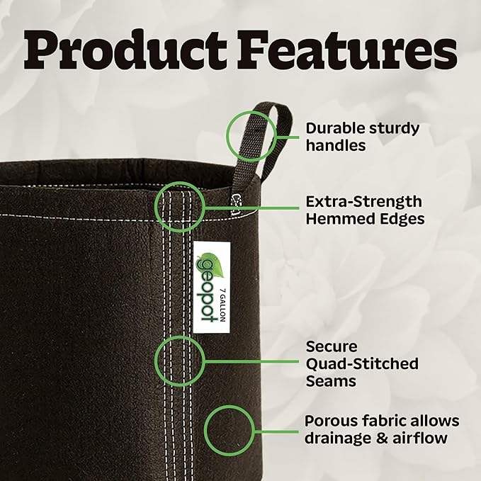 GeoPot 7 Gallon Fabric Grow Bags with Handles for Vegetables, Houseplants, Herbs & Flowers |5-Pack| Fabric Pots for Outdoors and Indoors, Aerated Fabric Grow Bags