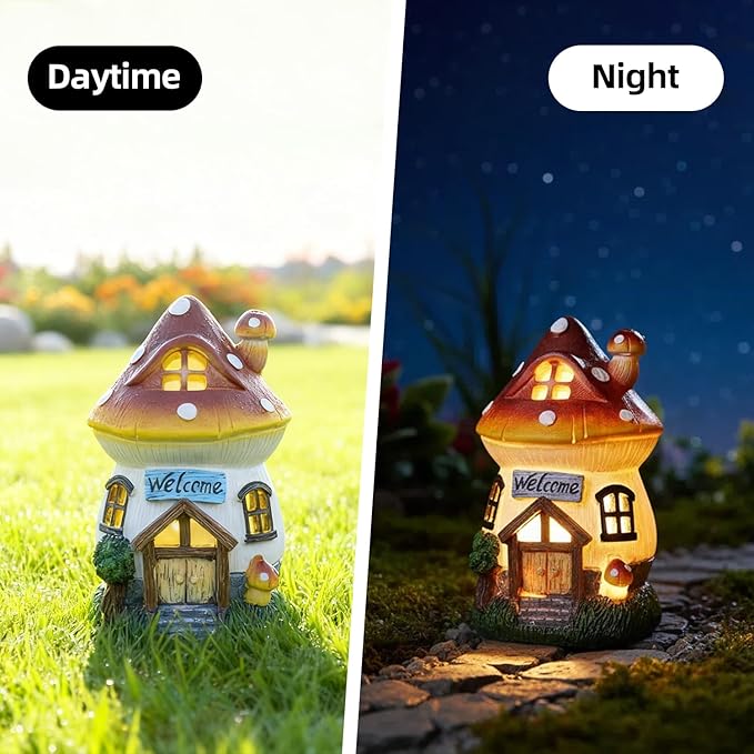 Garden Outdoor Figurines Statue with Solar Lights,Solar Mushroom House Decorations for Yard Outdoor Garden, Patio Yard Lawn, Gifts for Girls Birthday Housewarming Mother's Day (Mushroom House)