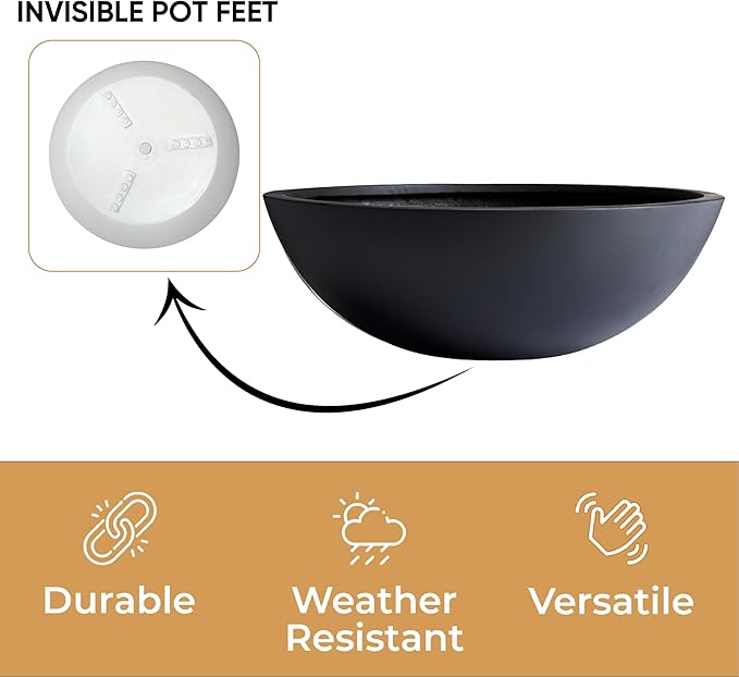 6.9"H x 19.7"D Round Bowl Fiberstone Planter for Succulent and Lotus, Christmas Tree Planter, Weather Resistant for Indoor & Outdoor Use, Included 2 Extra Coco Mats (Black,17.9" Pot Opening)