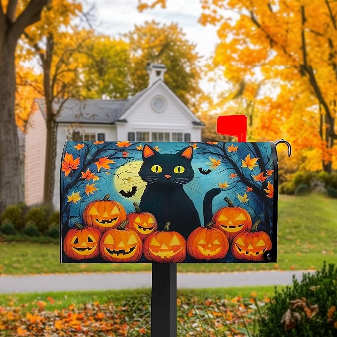 Black Cat Mailbox Covers Magnetic Standard Size 21x18 inch Halloween Pumpkin Mailbox Cover Fall Autumn Pumpkins Maple Leaf Mail Box Wraps for Garden Outdoor Yard Decor