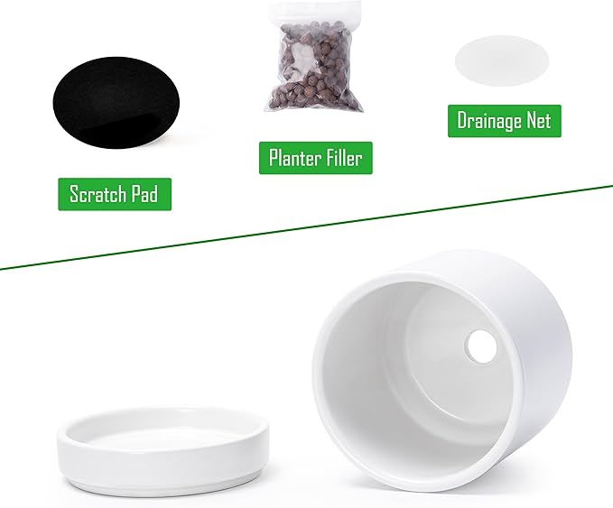 D'vine Dev 4.7 Inch Ceramic Planter Pot with Drainage Hole and Saucer, Indoor Cylinder Round Planter Pot, White, 94-O-B-1