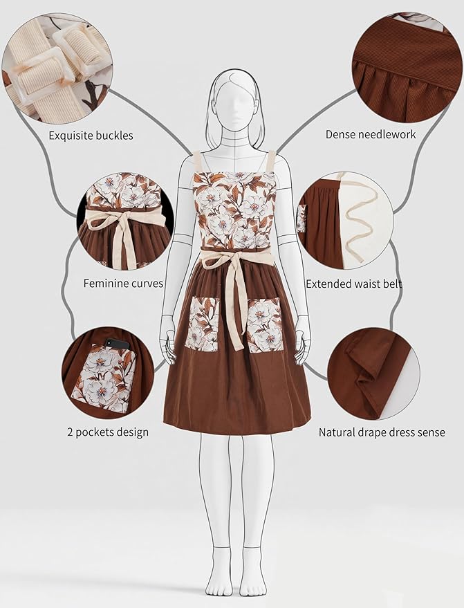 Vintage Pinafore Apron Dress for Women with Pockets Cute Floral Chef Aprons for Kitchen Cooking Baking Gardening