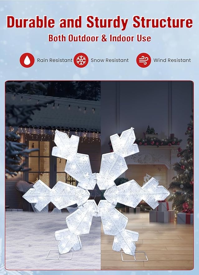 Brightown Christmas Snowflake Outdoor Decorations, Large 41.5in 3D Snowflake Christmas Decor with 100LED Lights, Pre-lit Xmas Outdoor Decor for Front Door Indoor Outside Yard Lighted Holiday Display