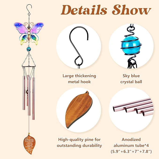 Butterfly Sympathy Wind Chimes for Loss of Grandma,Memorial Gifts for Loss of Grandma,Loss of Grandmother Sympathy Gifts,Bereavement Gift Ideas,Windchimes Outdoors