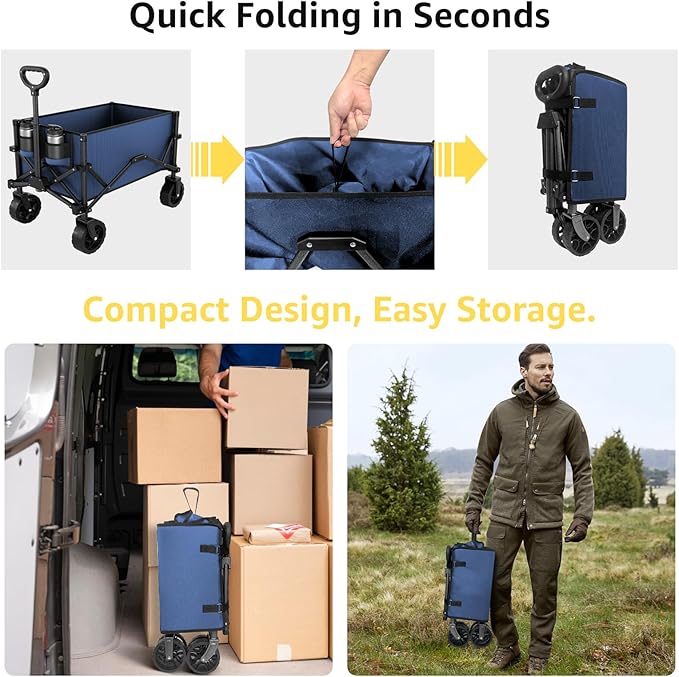 Navy Blue Collapsible Wagon with Wheels, Portable Wagons Carts Foldable, Folding Wagon Cart for Groceries, Sports Garden Shopping Utility Wagon