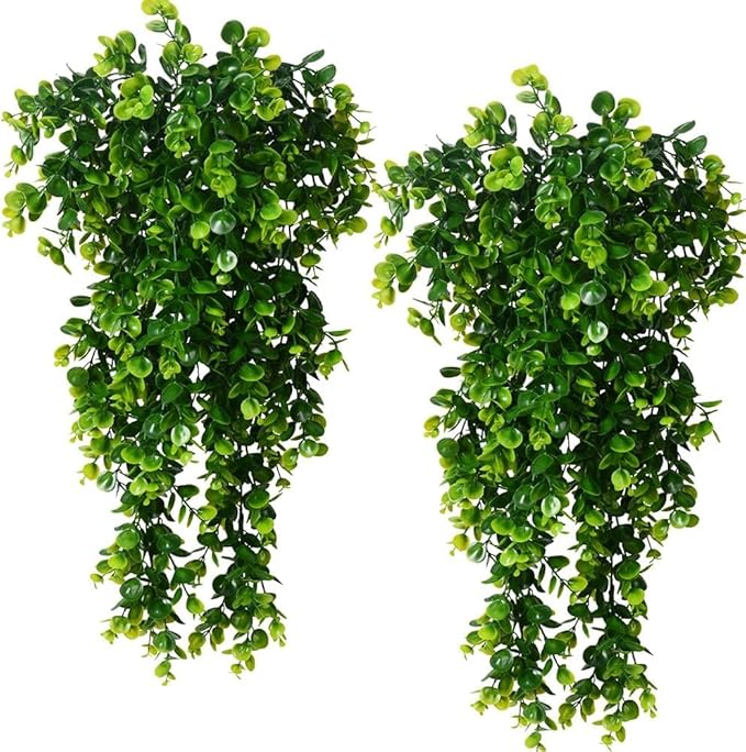 6pcs Artificial Hanging Plants Fake Hanging Plant Faux Eucalyptus Leaf Greenery Vine Outdoor UV Resistant Plastic Plants (6, Green)