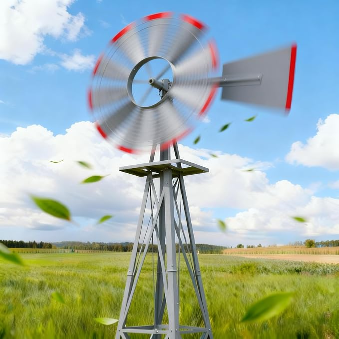 8FT Windmill for Yard Garden Decoration with Weather Vanes，Heavy Duty Outdoor Wind Mills, Large Metal Outdoor Windmill,Weather Resistant,Gray