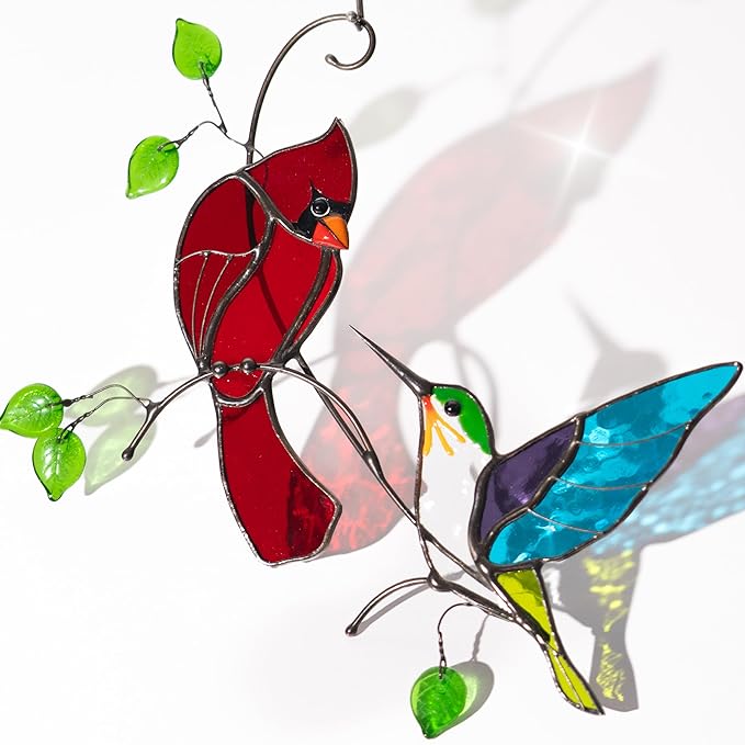 Hummingbird Cardinal Birds Stained Glass Suncatcher Genuine Stained Glass Window Hangings Unique Indoor Ornament & Outdoor Decor (Cardinal and Hummingbird)